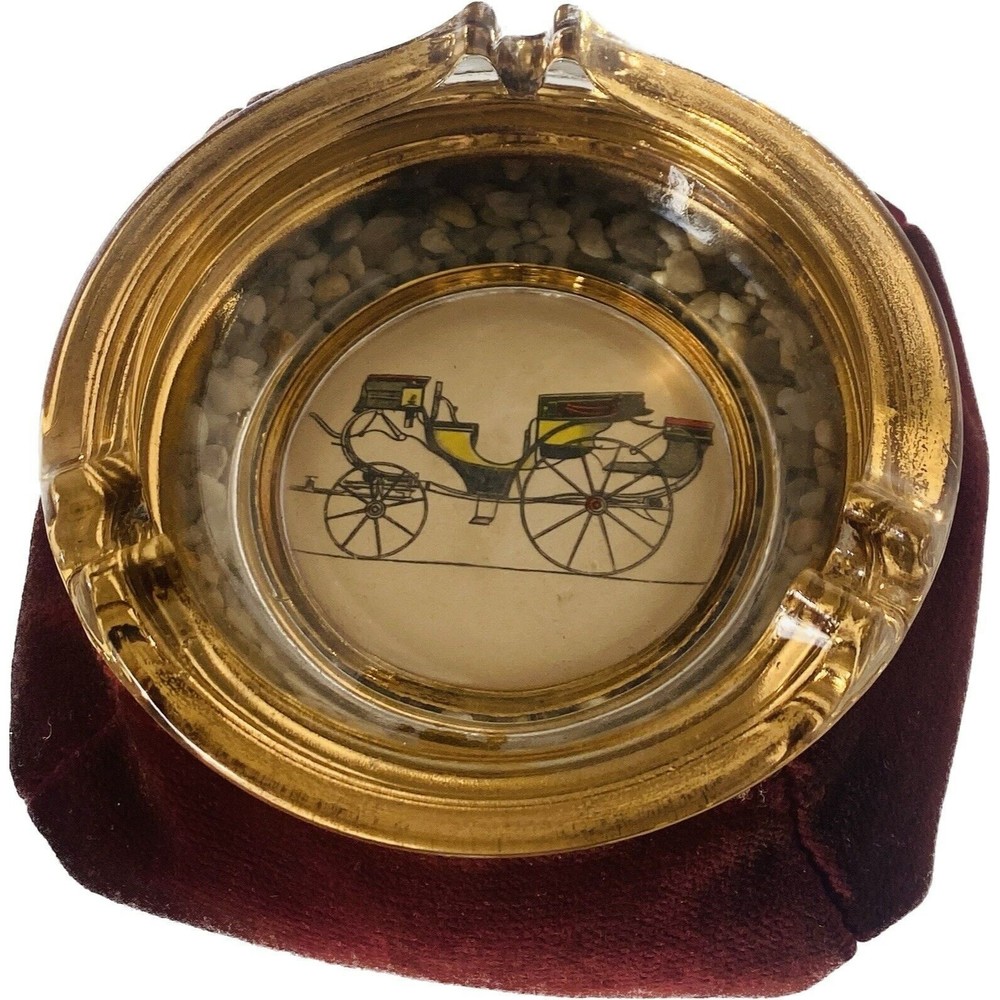 Vintage Bean Bag Antique Carriage/Buggy Glass Ash Tray W/ Weighted Velvet Bottom